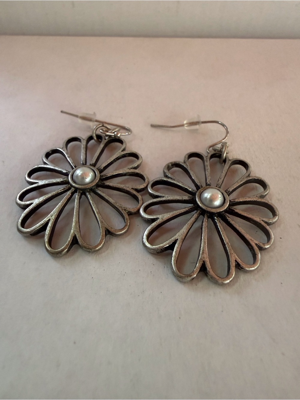 Lia Sophia Silver Floral Drop Earrings with Pearl Center - Women Jewelry - Picture 2 of 4